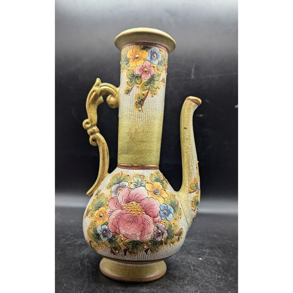 Gialletti Vintage Italian Pottery Ewer Vase‎ Deruta Flower Floral 11"